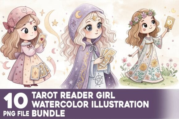 Download Tarot Reader Girl Watercolor Bundle - Tarot reader Collection